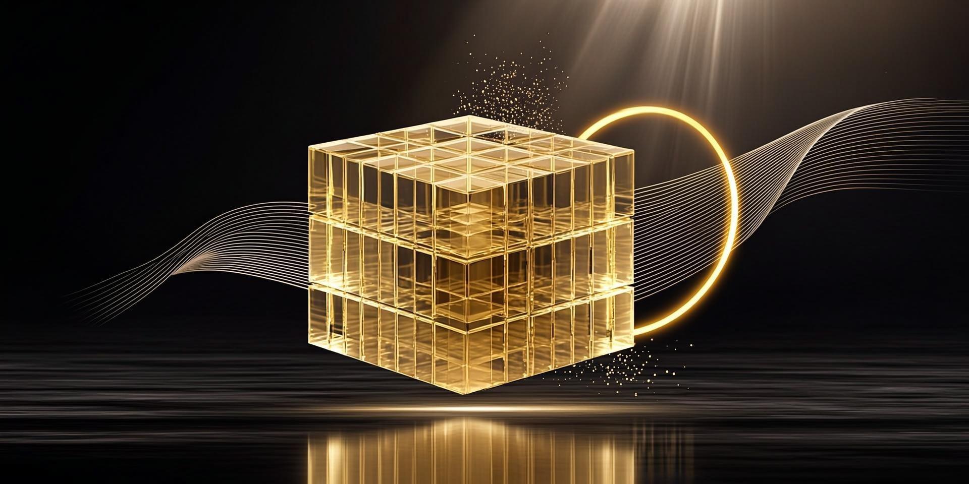 Editorial artwork of holographic amber charts and KPI rings floating above a dark reflective surface