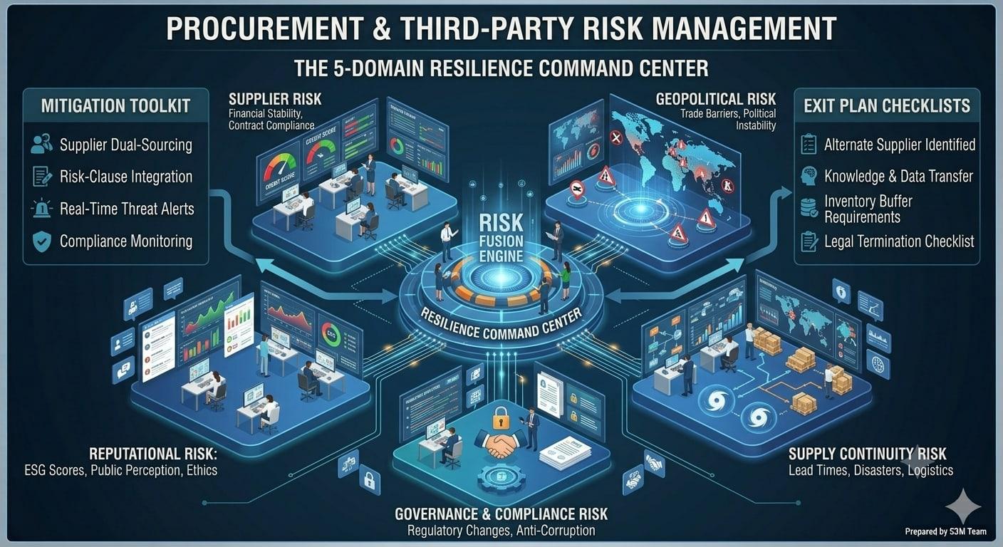 Infographic showing five procurement risk domains: supplier risk, market volatility, geopolitical exposure, compliance and business continuity