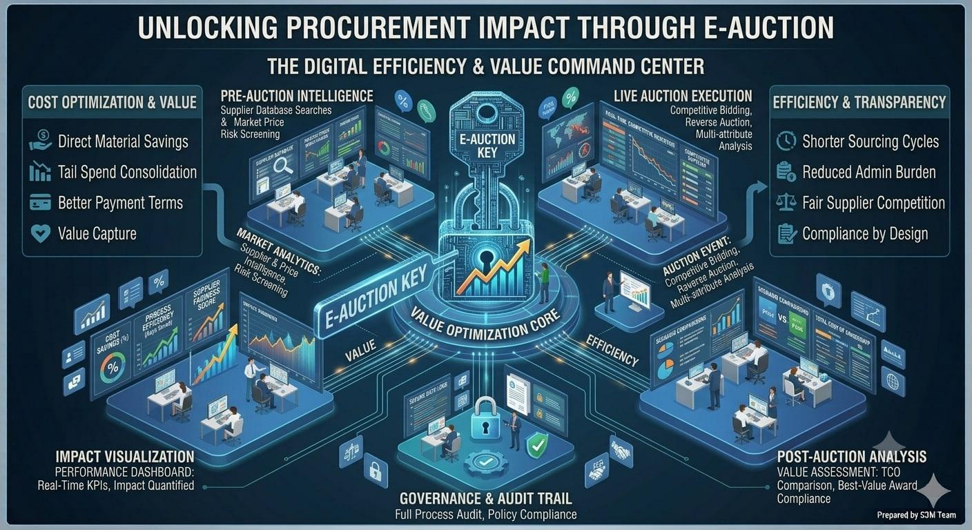 Infographic showing the eAuction execution sequence from specification through prequalification, supplier engagement, the live event and post-auction analysis